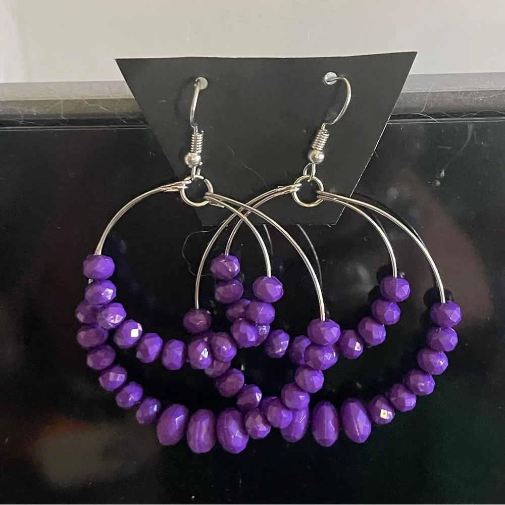 New Handmade Faceted Sterling Silver Purple Bead Bottom 2 Layer Hoop Earrings